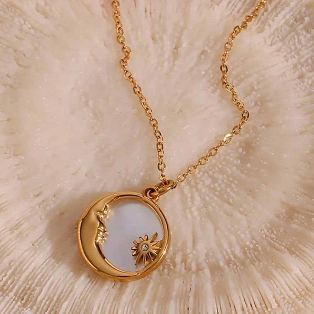 Moon Sun Star Pendant‎ Necklace 18K Gold Plated Stainless Steel